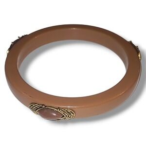 Vintage Lucite Bangle Bracelet Brown Acrylic Gold Tone Cabochon Accent 2.6"